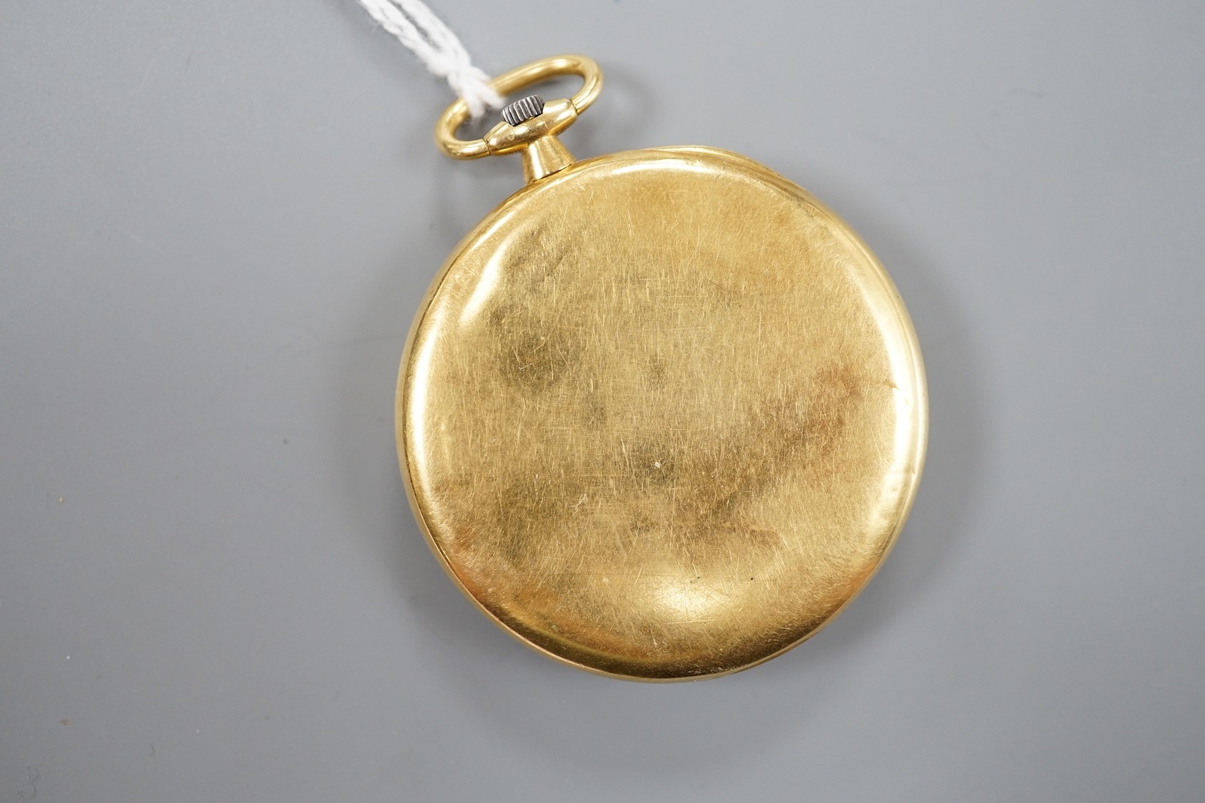 A 1920's Swiss 18ct gold open faced dress pocket watch, case diameter 43mm, gross weight 46.9 grams.
